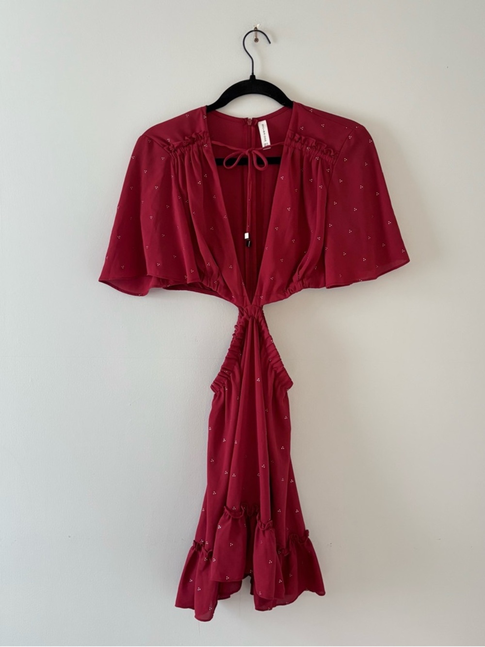 Bec & Bridge Cutout Mini Dress Short Flutter Sleeves Back Zip Printed Ruffled